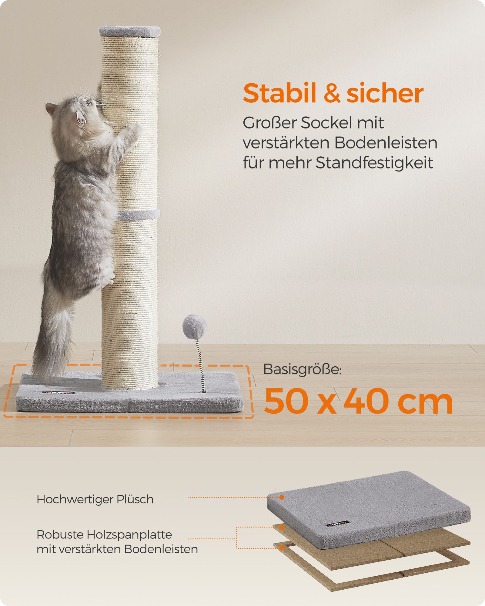 Katės draskyklė su varpeliu ir pliušiniu kamuoliuku, 85 cm