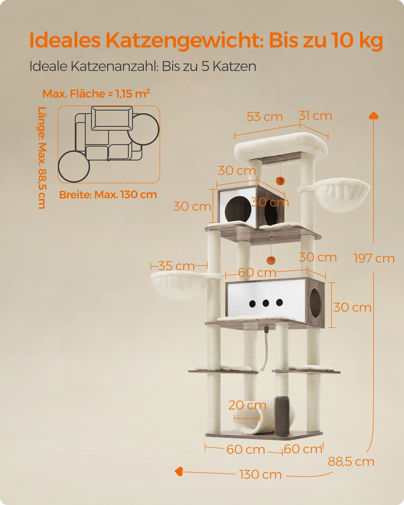 Kačių draskyklė su 2 guoliais ir 2 platformomis, 197 cm