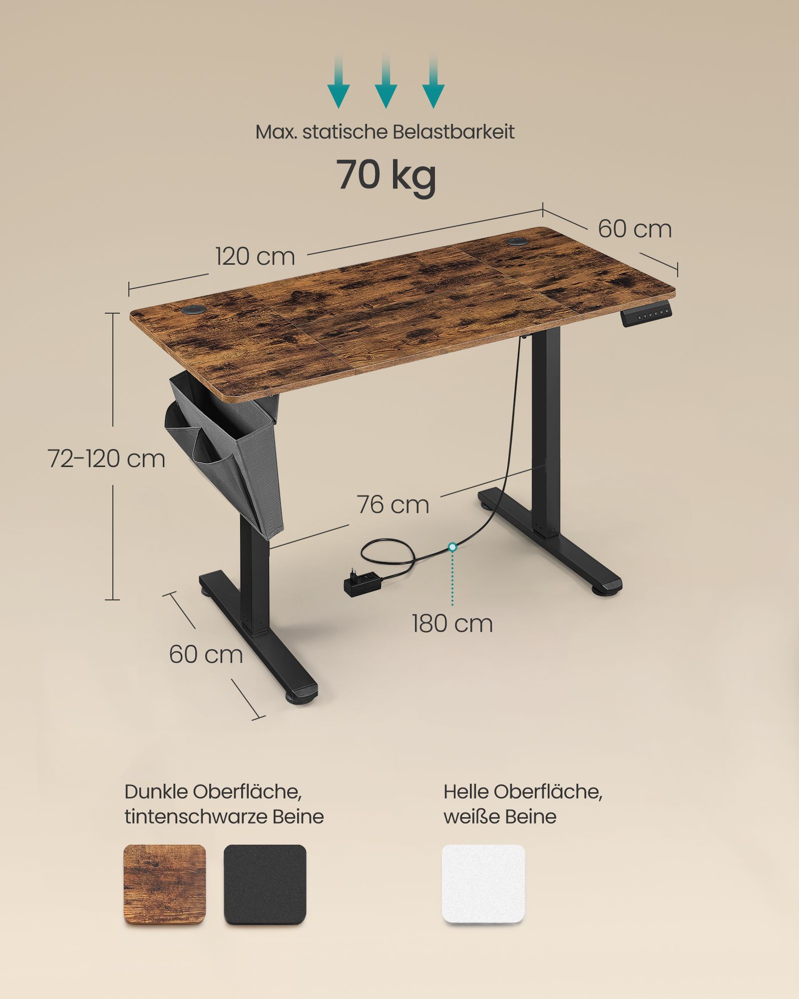 Elektrinis aukščio reguliuojamas rašomasis stalas 60 x 120 x (72-120) cm