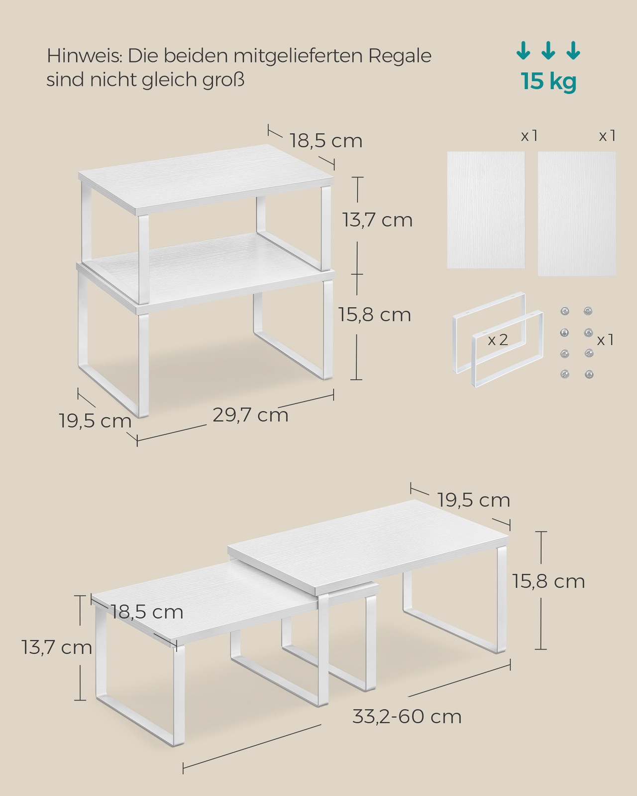 Naktinių staliukų komplektas su metaliniu rėmu, debesų balta–sniego balta, 19,5 × 29,7 × 15,8 cm ir 18,5 × 29,7 × 13,7 cm, 4 vnt.