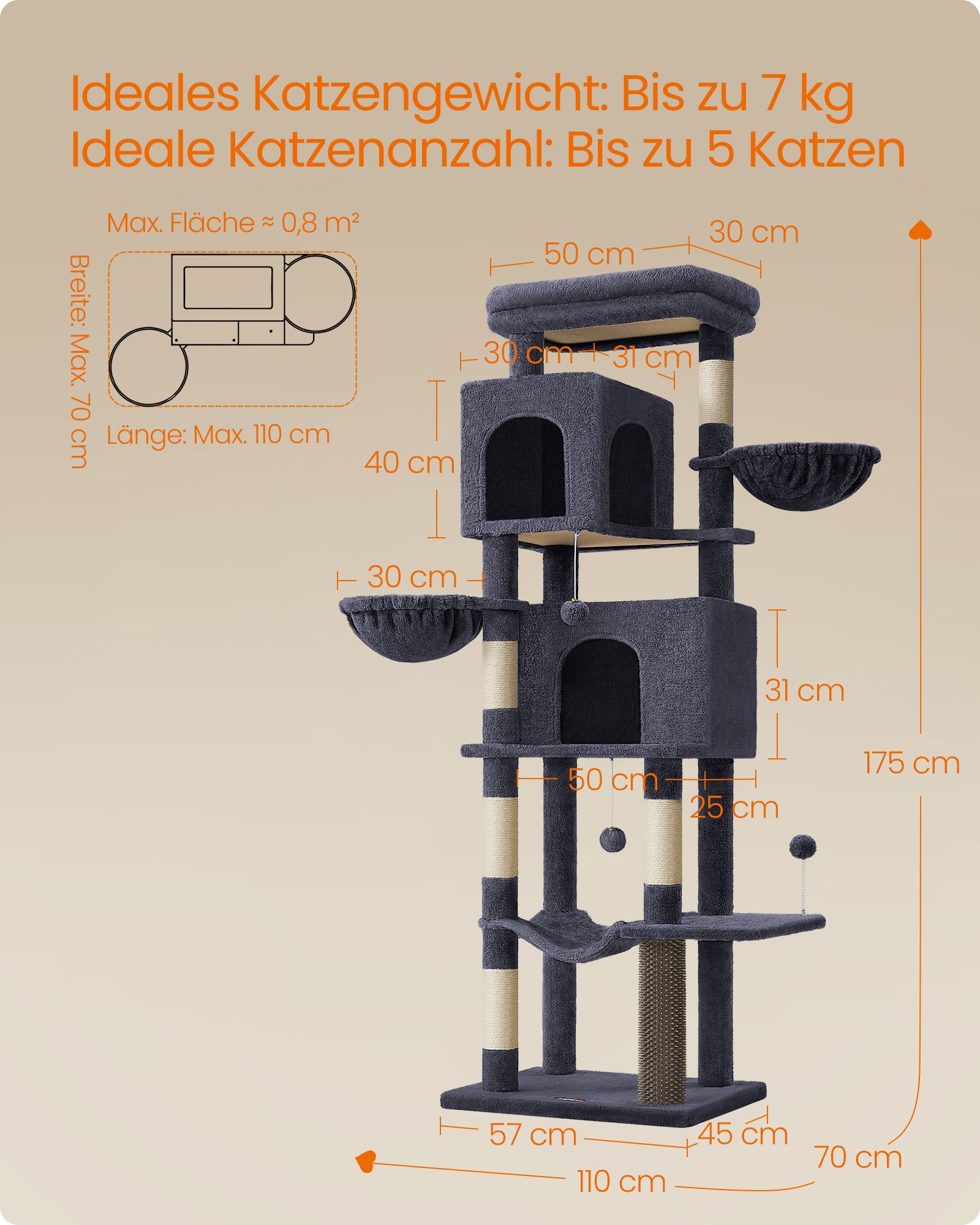 Katės draskyklė su dviem urvais, 175 cm, tamsiai pilka