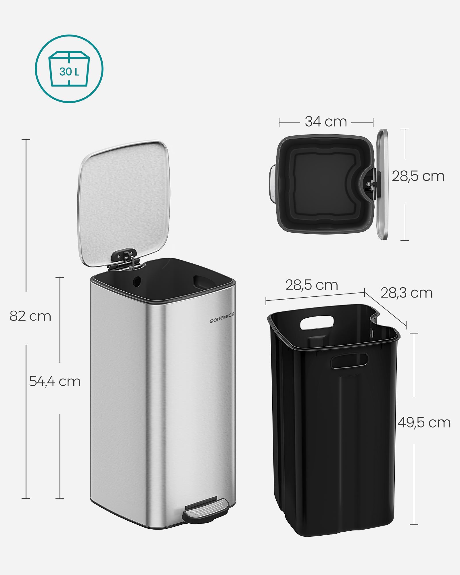 Šiukšliadėžė 30 l, plieninė, metalinio sidabro
