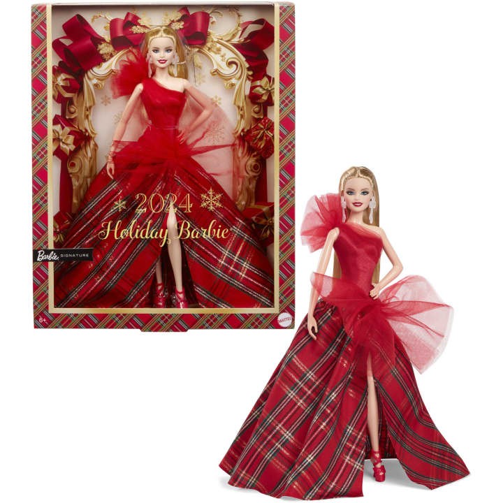 Lėlė barbie holiday su šviesiais plaukais, raudona