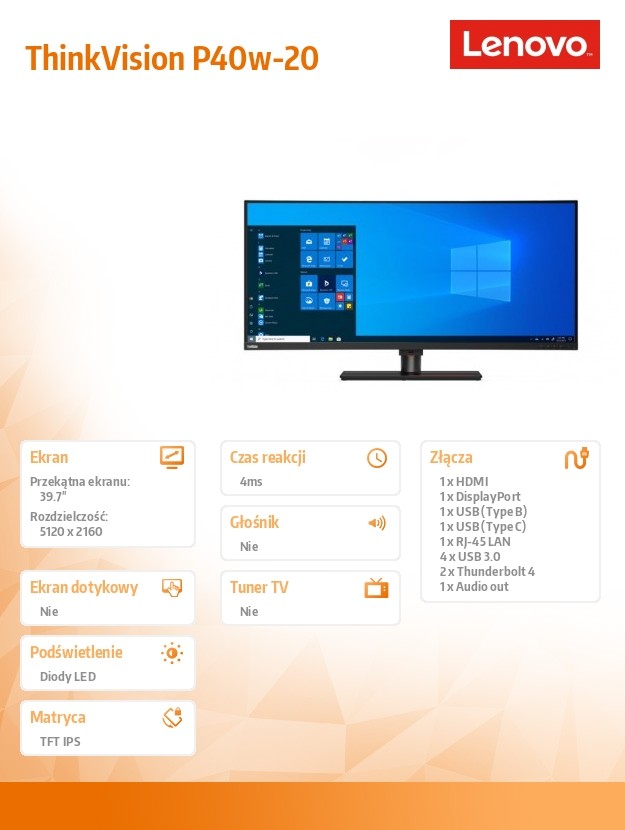 Monitorius lenovo thinkvision p40w-20, 40