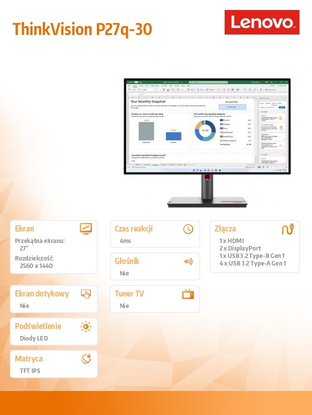 Monitorius lenovo thinkvision p27p-30, 27