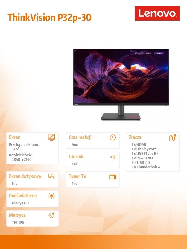 Monitorius lenovo thinkvision p32p-30 63d1rat1eu, 31.5
