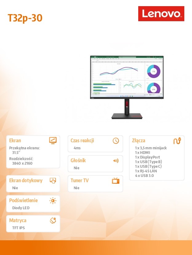 Monitorius lenovo thinkvision t32p-30 80 cm (31,5 colio) 3840 x 2160 pixels 4k ultra, 31.5