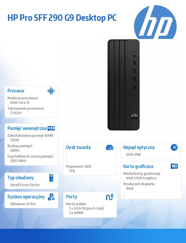 Kompiuteris stacionarus kompiuteris - hp pro 290 g9 sff i3-14100 32gb ddr4 1tb ssd uhd 730 dvd w11pro 3y