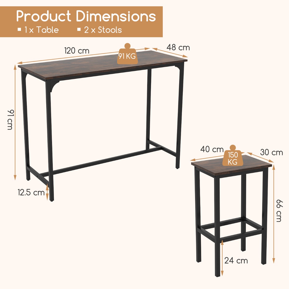 Baro stalo rinkinys 120 x 48 x 91 cm 3 vnt. 3