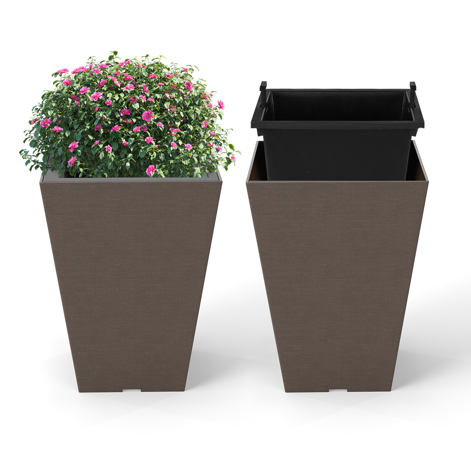 Kvadratinis vazonas su išimamu vidiniu indu, rudas, 25,4 × 25,4 × 35,6 cm, 2 vnt. 3