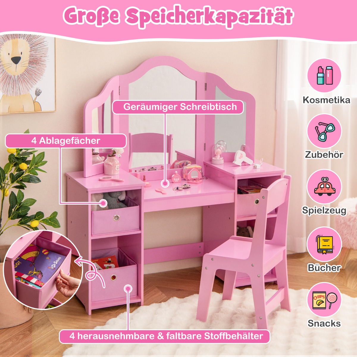 Staliukas ir kėdė Rožinė / balta 2