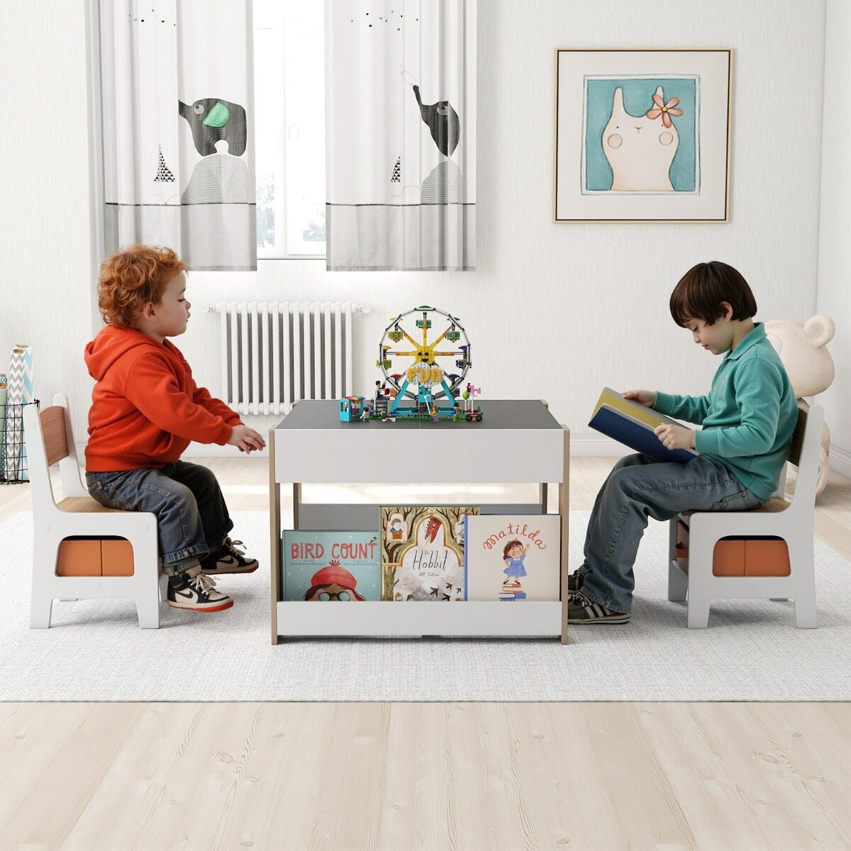 Vaikiškas stalas su 2 kėdėmis, apverčiamais stalviršiais, baltos ir natūralios spalvų, 61,5 × 61,5 × 48 cm 2