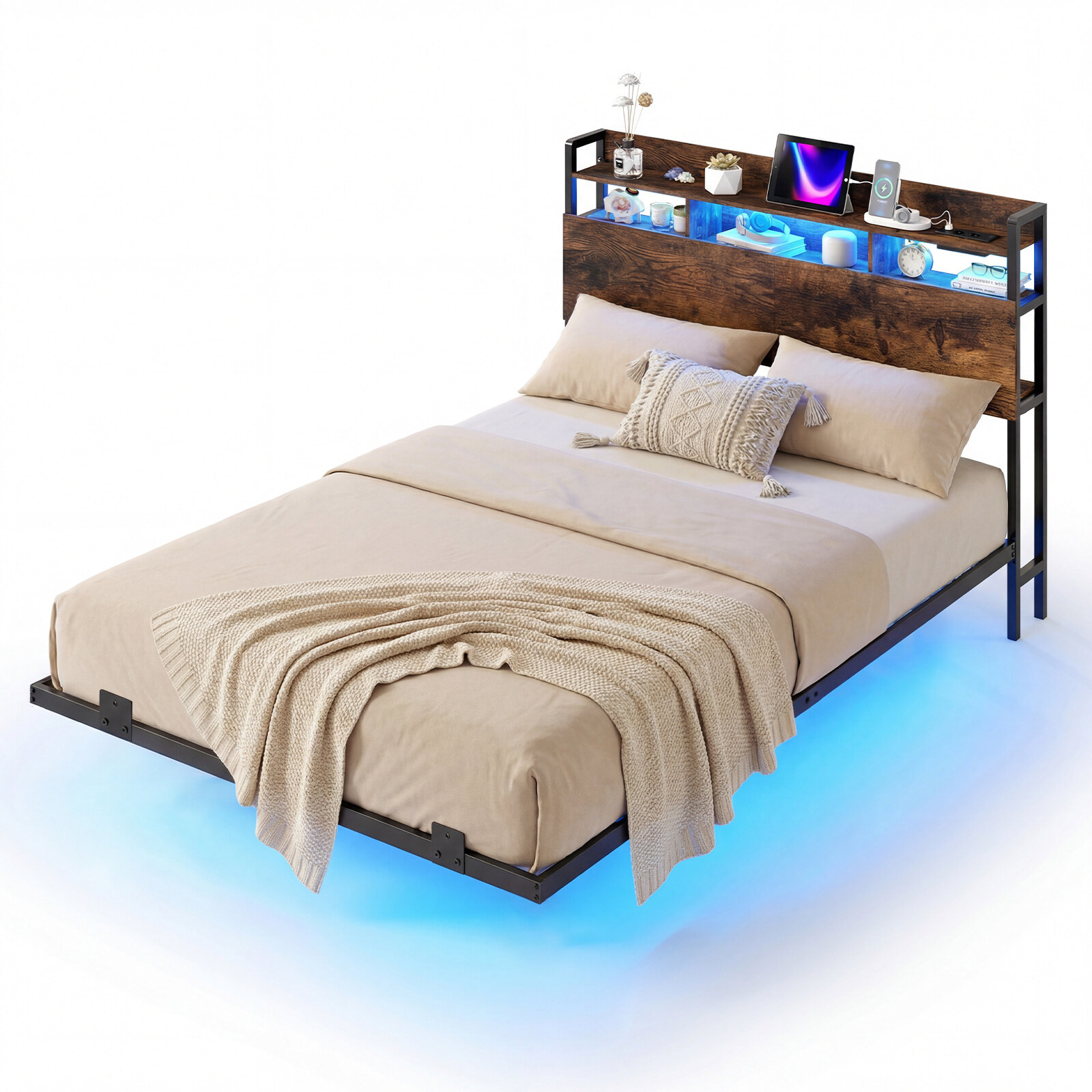 Gultas rāmis ar RGB LED apgaismojumu un slēptām balsta kājām, rustikāli brūns un melns, 218 × 140 × 106 cm 2