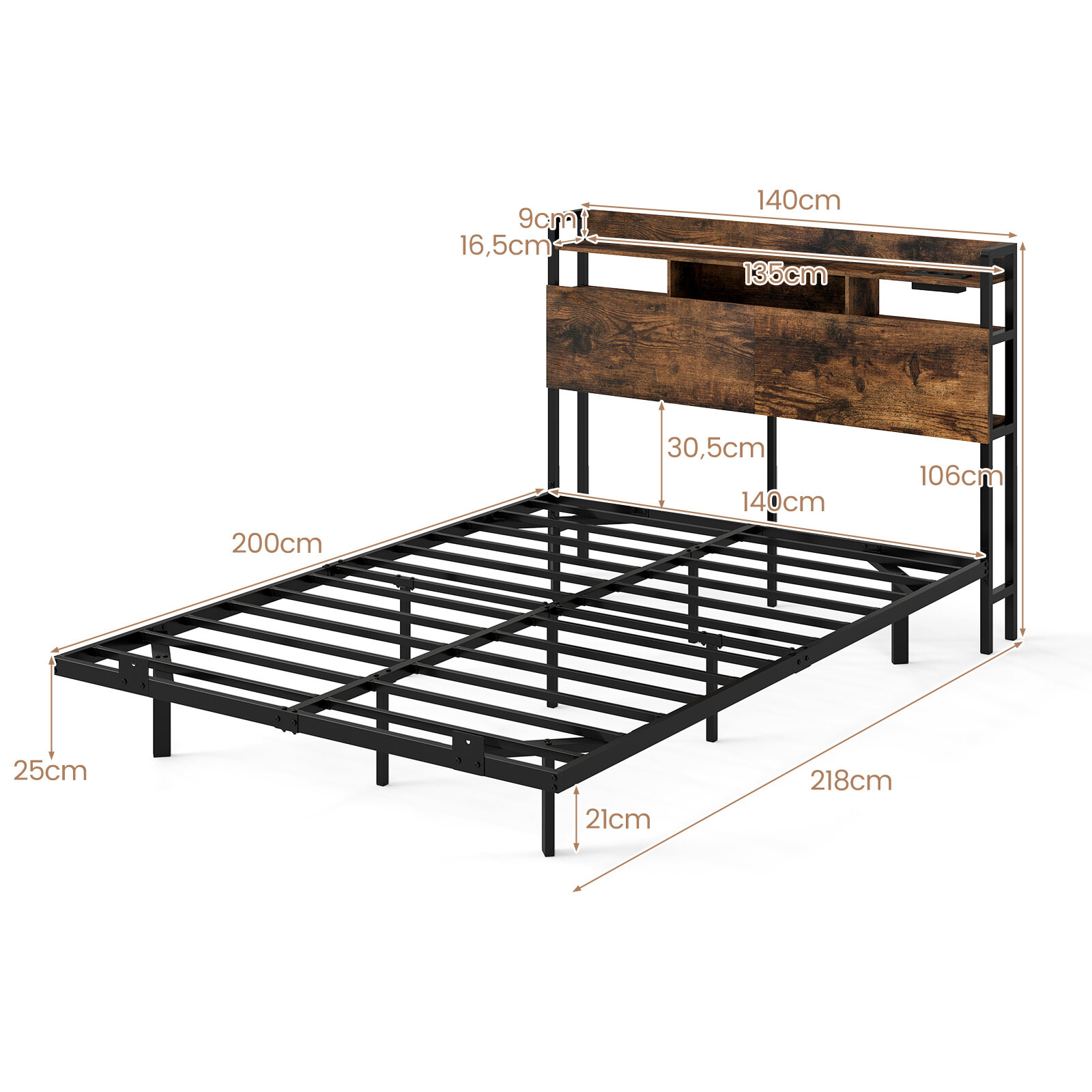 Gultas rāmis ar RGB LED apgaismojumu un slēptām balsta kājām, rustikāli brūns un melns, 218 × 140 × 106 cm 3
