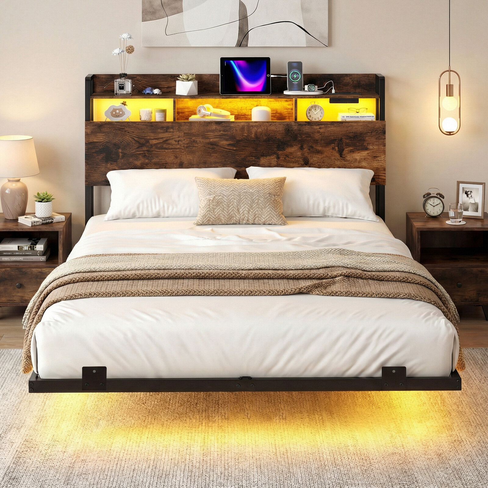 Gultas rāmis ar RGB LED apgaismojumu un slēptām balsta kājām, rustikāli brūns un melns, 218 × 140 × 106 cm