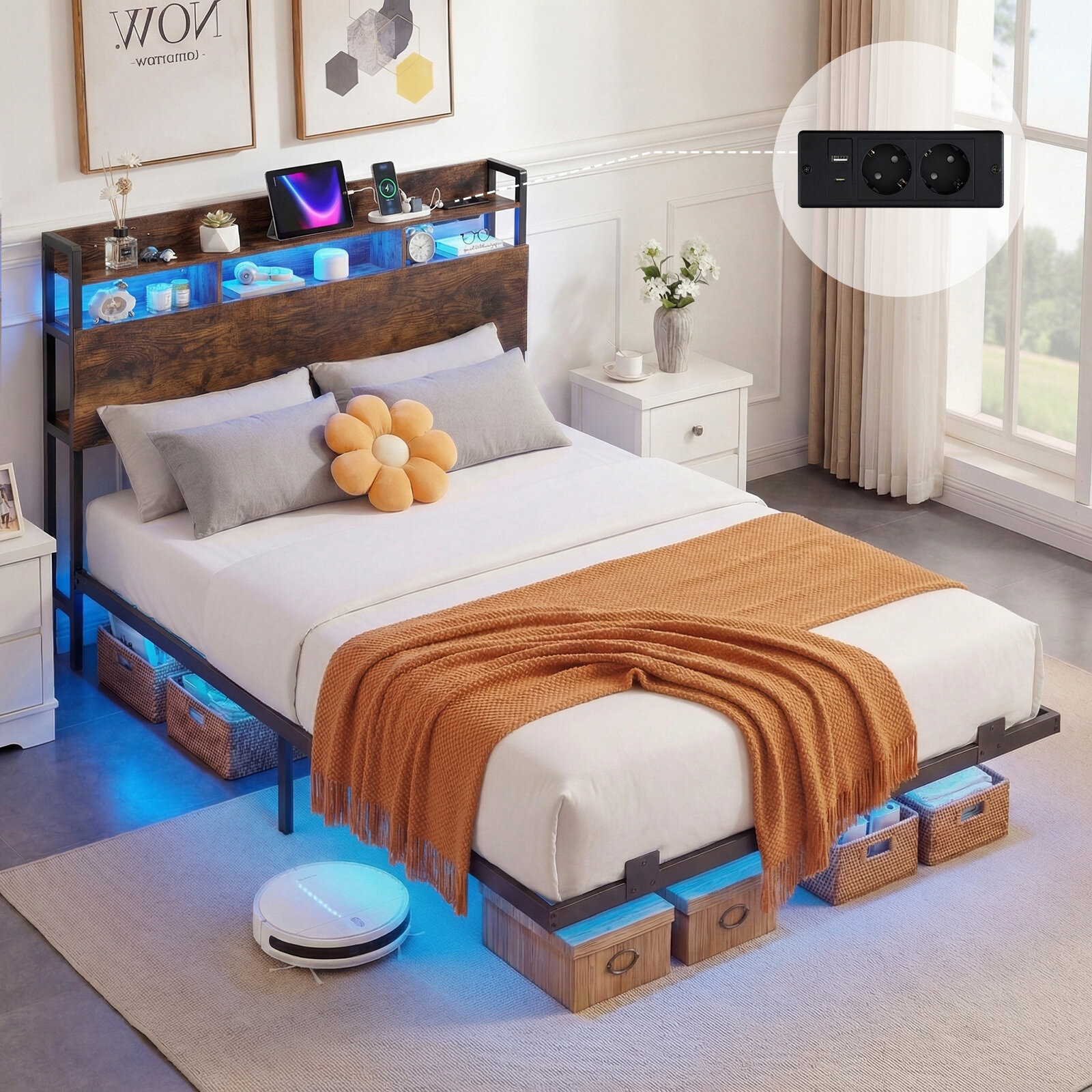 Gultas rāmis ar RGB LED apgaismojumu un slēptām balsta kājām, rustikāli brūns un melns, 218 × 140 × 106 cm