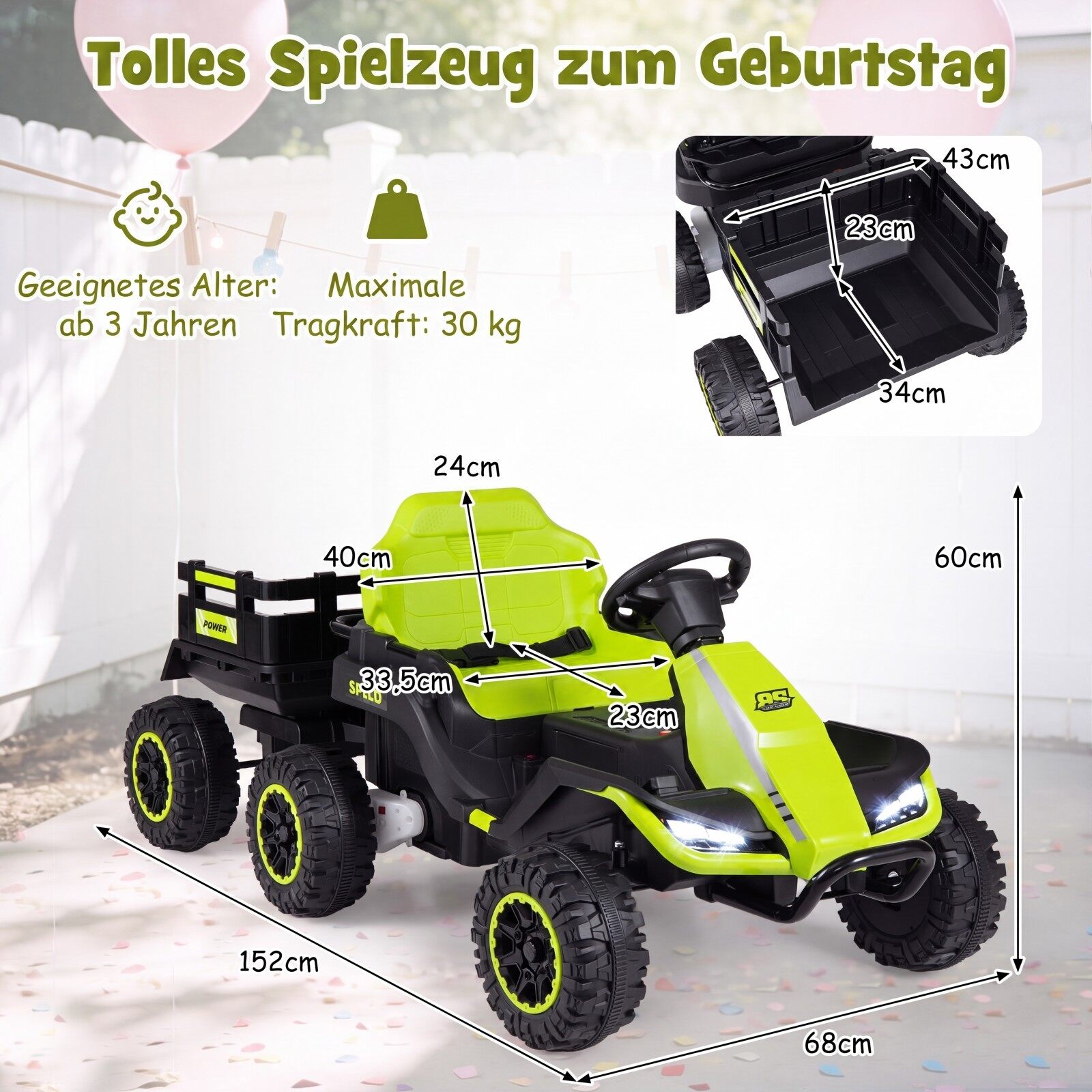 Bērnu elektriskais traktors 24 V ar tālvadības pulti, zaļš, 152 × 68 × 60 cm 2