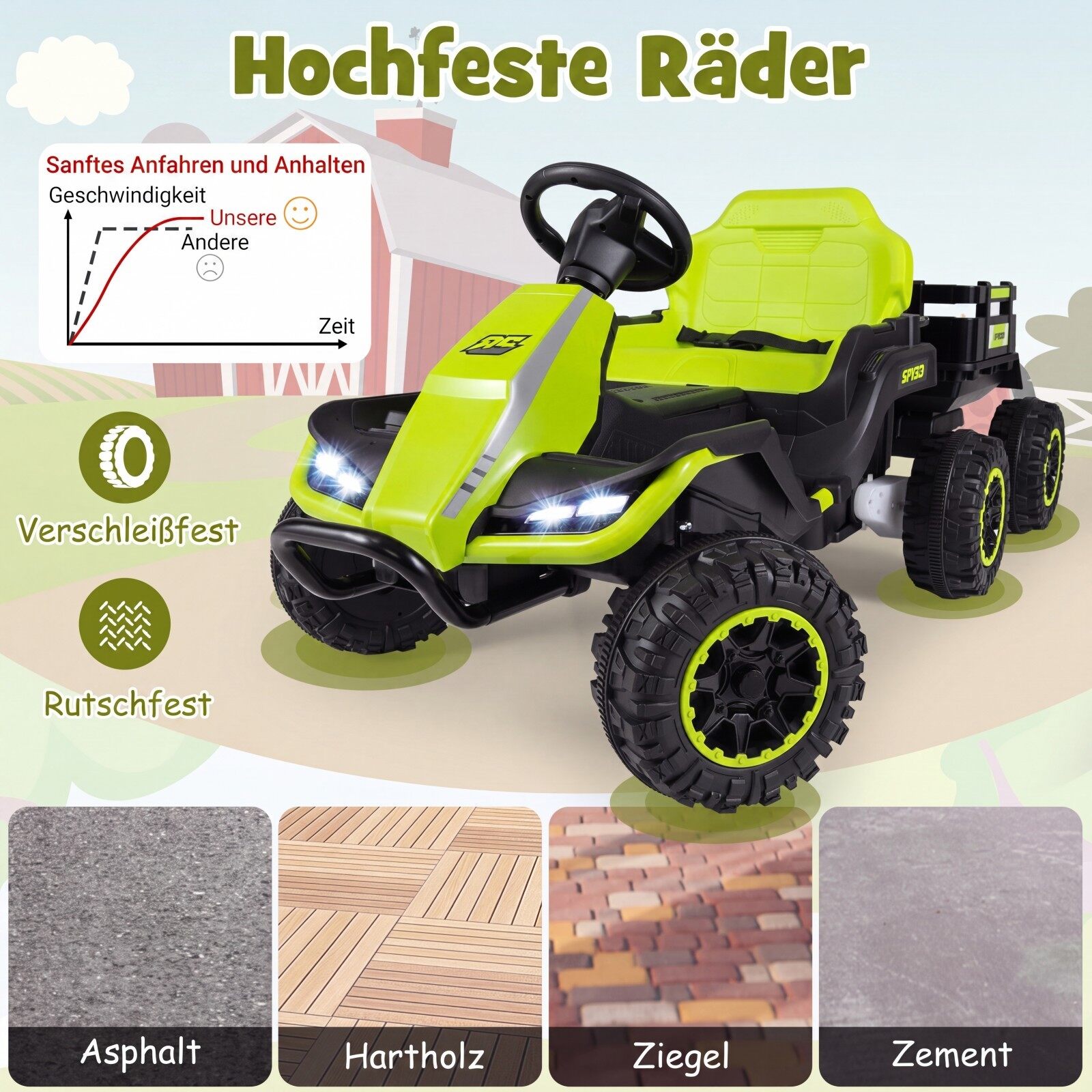 Bērnu elektriskais traktors 24 V ar tālvadības pulti, zaļš, 152 × 68 × 60 cm