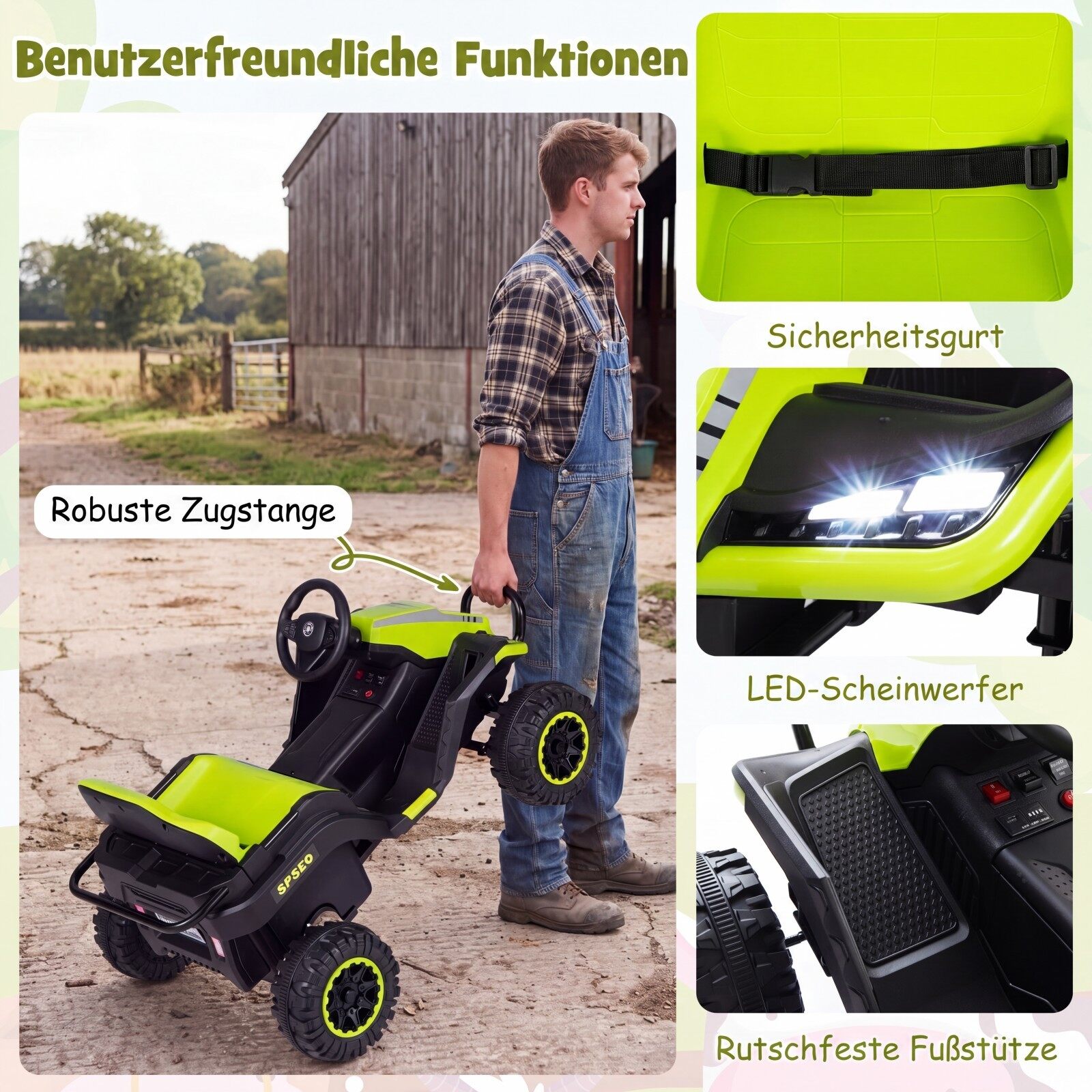 Bērnu elektriskais traktors 24 V ar tālvadības pulti, zaļš, 152 × 68 × 60 cm 3