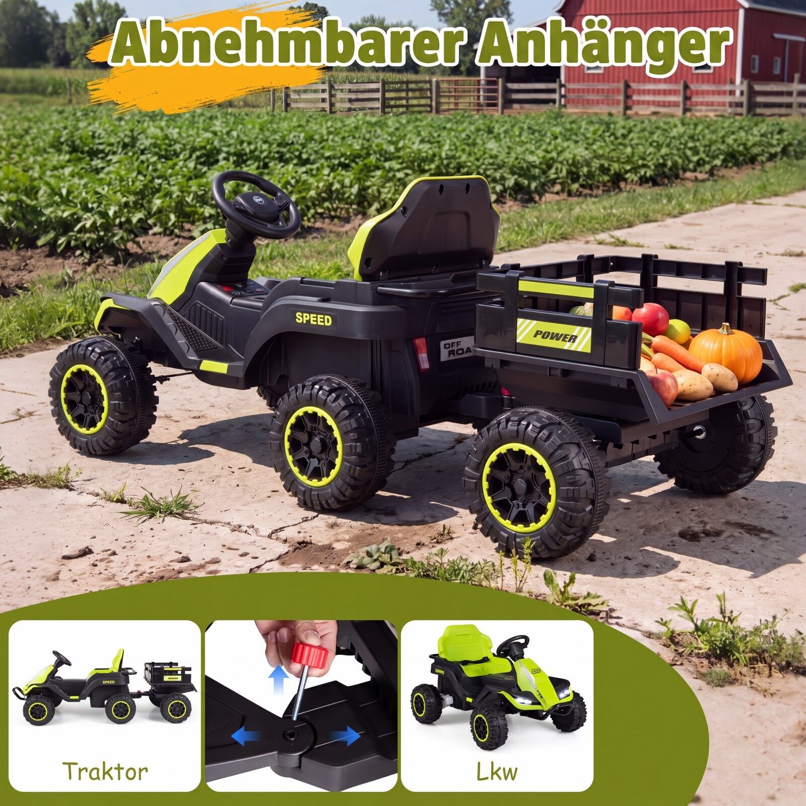 Bērnu elektriskais traktors 24 V ar tālvadības pulti, zaļš, 152 × 68 × 60 cm