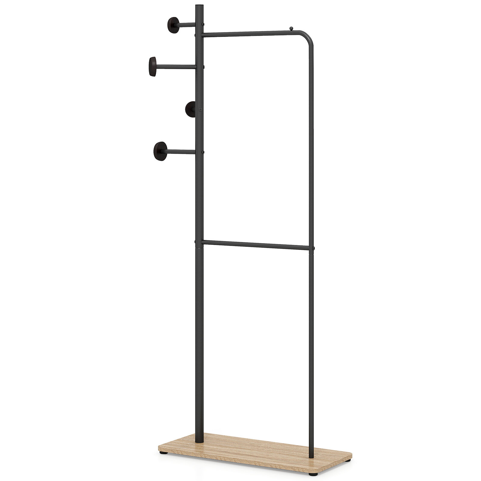 Drabužių kabykla su 2 skersiniais ir 4 kabliukais, natūralios medienos ir juoda, 68,6 × 30,5 × 167,6 cm