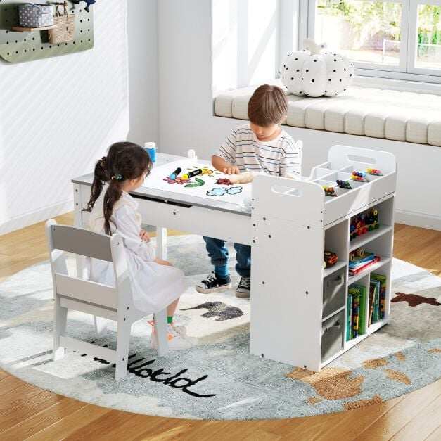 Vaikiškas piešimo stalas su 2 kėdėmis ir popieriaus ritiniu, pilkas ir natūralios medienos spalvos, 120 × 60 × 60 cm 2