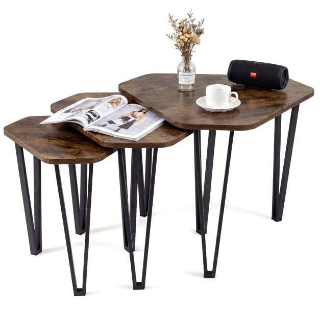 Ievietojamu galdiņu komplekts ar metāla rāmi un 15 mm virsmām, rustikāla brūna un melna, 58,5 × 52,5 × 45,5 cm / 51 × 45,5 × 43 cm / 39 × 35 × 40 cm, 3 gab. 2