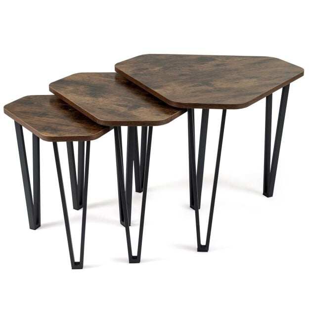 Ievietojamu galdiņu komplekts ar metāla rāmi un 15 mm virsmām, rustikāla brūna un melna, 58,5 × 52,5 × 45,5 cm / 51 × 45,5 × 43 cm / 39 × 35 × 40 cm, 3 gab.