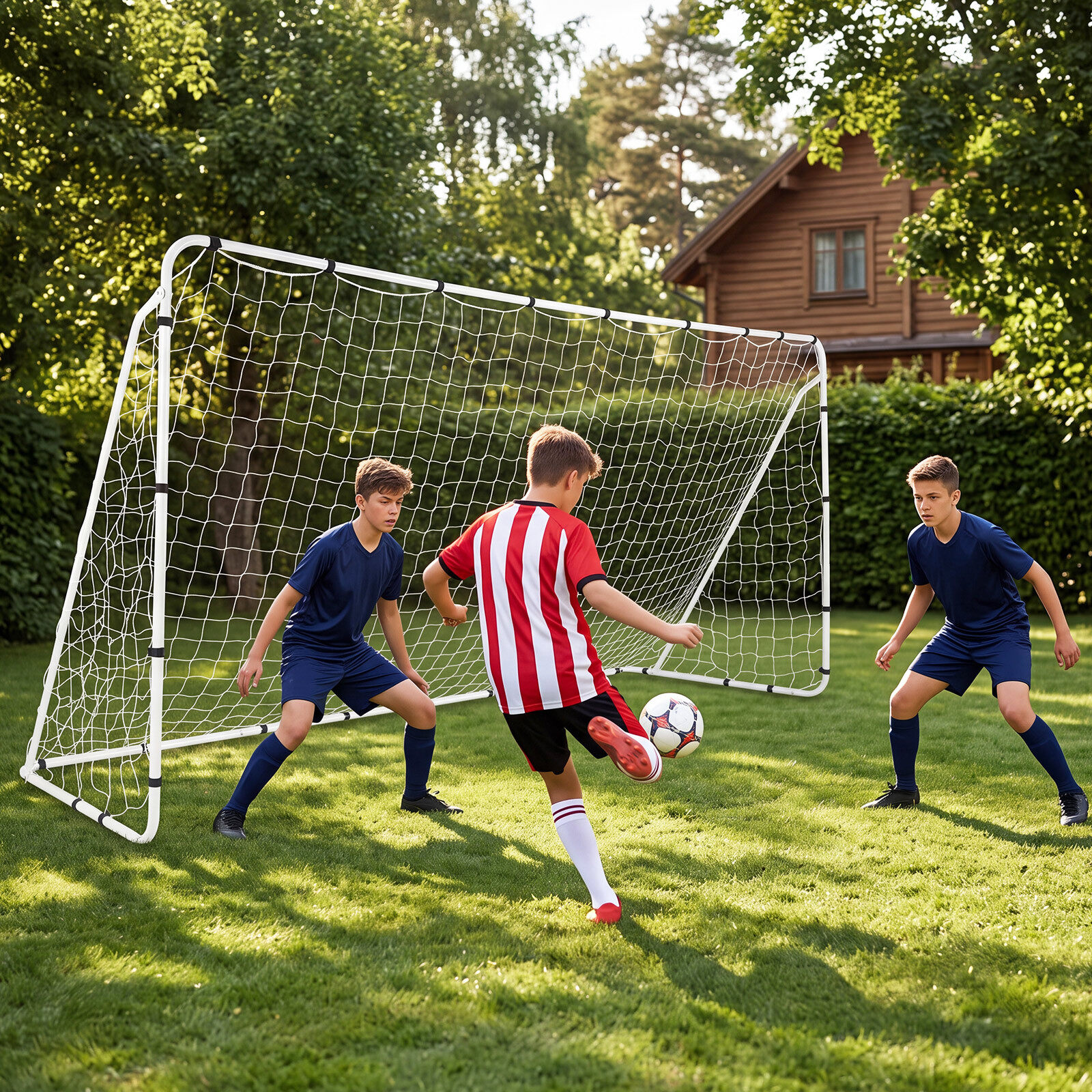 Futbola vārti ar metāla rāmi un PE tīklu, balti, 367 × 124 × 181 cm
