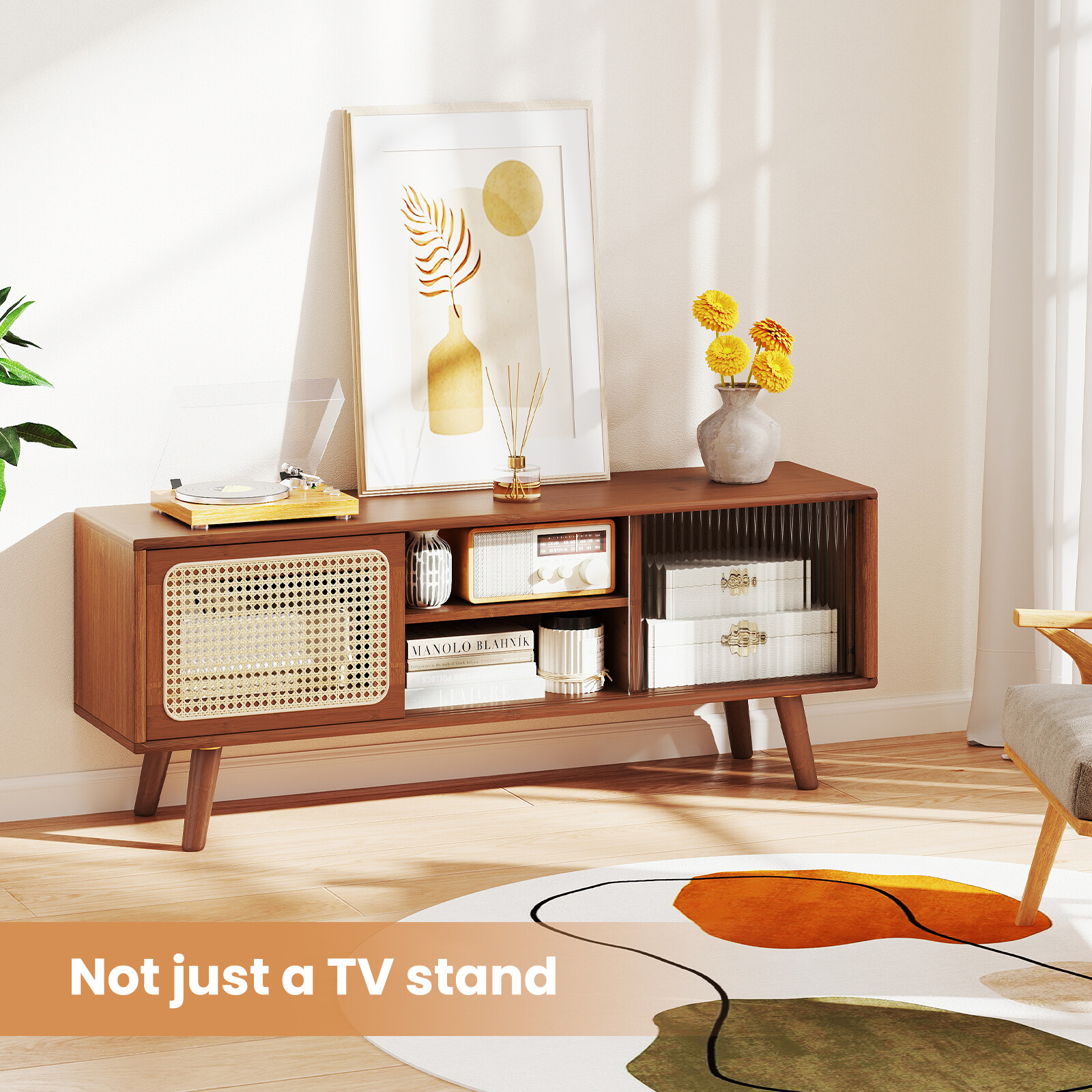 TV galds ar bīdāmām durtiņām un regulējamu plauktu, dabīgā krāsā, 120,7 x 30,5 x 45,7 cm 2