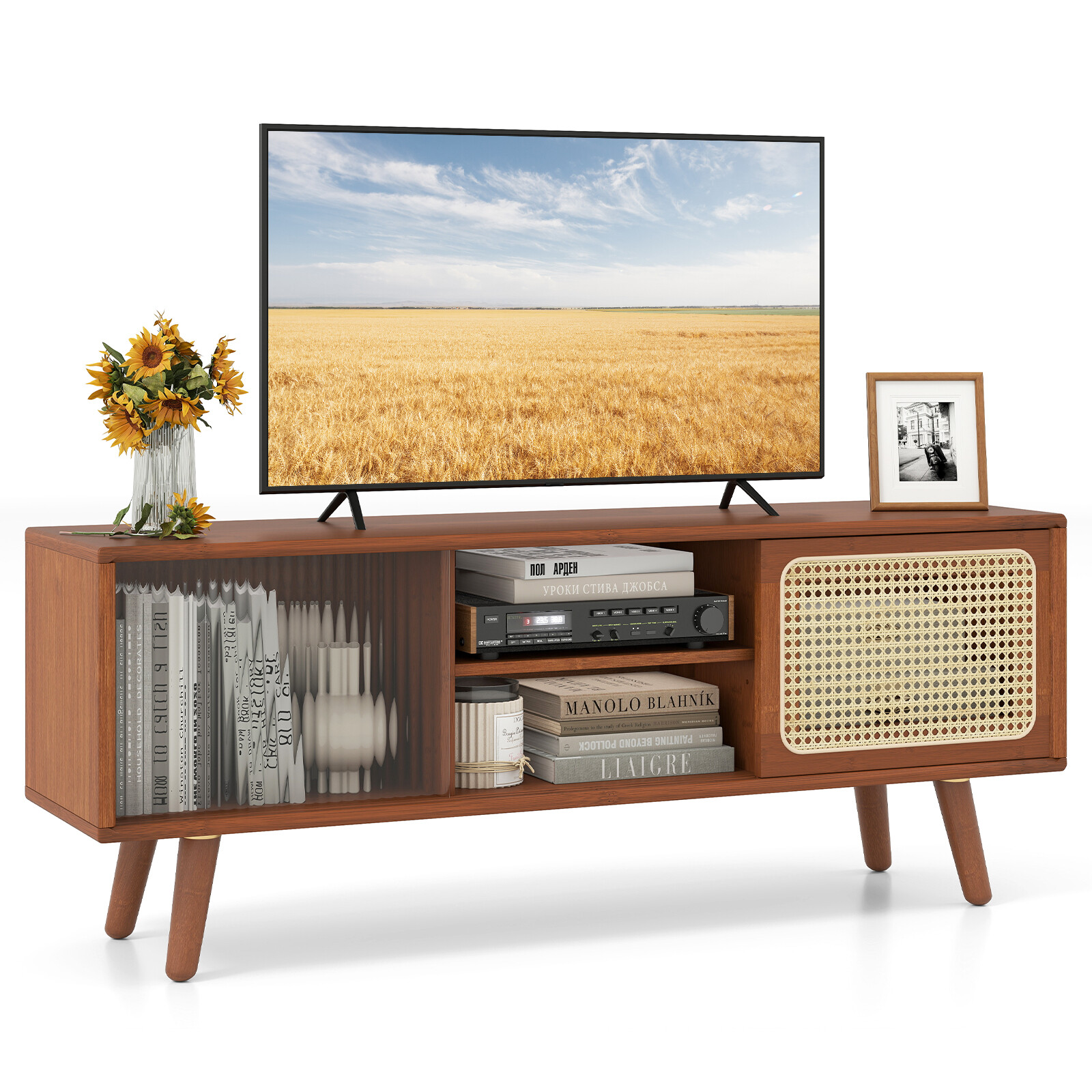 TV galds ar bīdāmām durtiņām un regulējamu plauktu, dabīgā krāsā, 120,7 x 30,5 x 45,7 cm 3