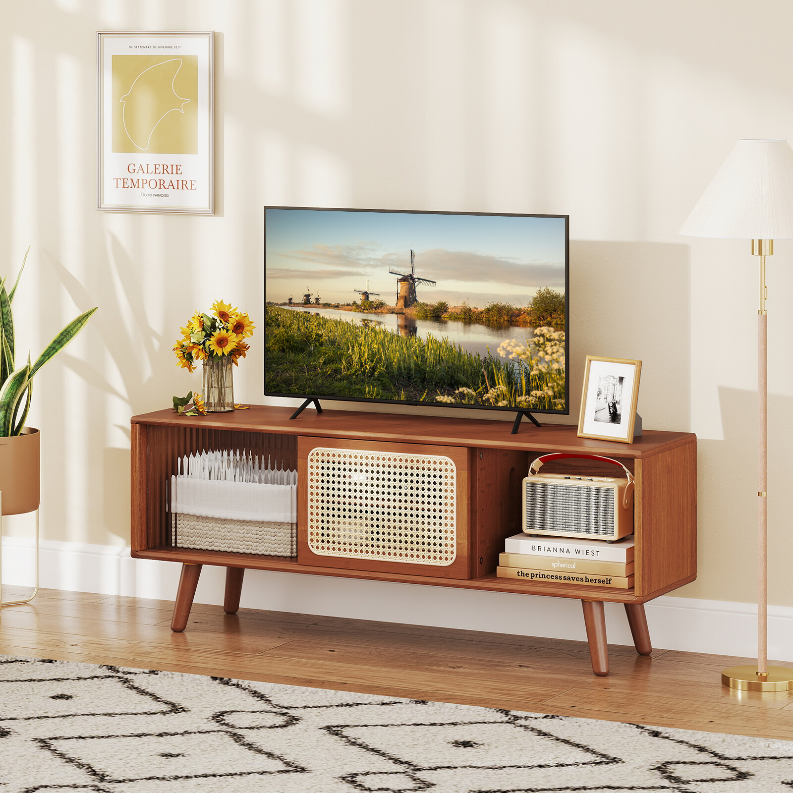 TV galds ar bīdāmām durtiņām un regulējamu plauktu, dabīgā krāsā, 120,7 x 30,5 x 45,7 cm