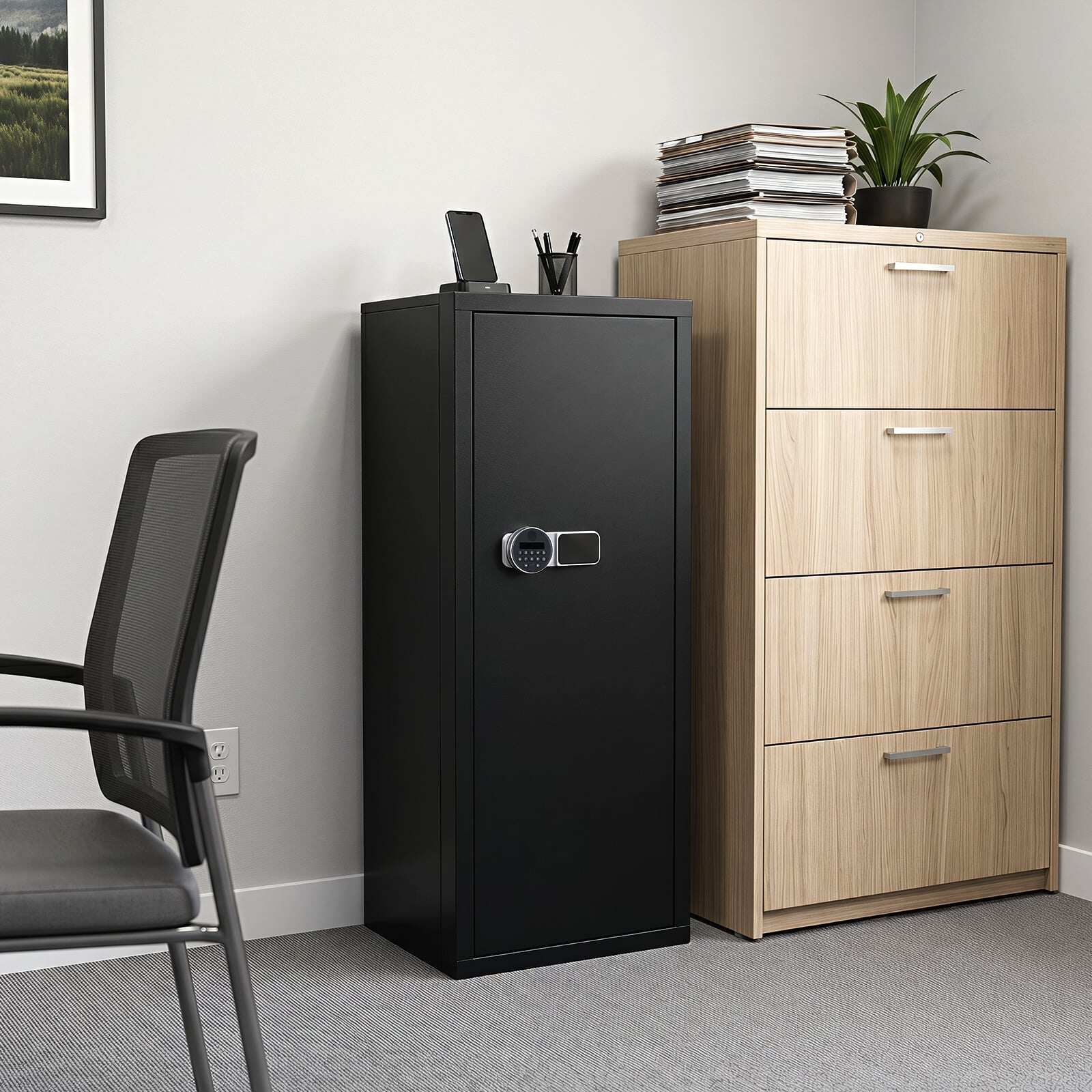 Ginklų seifas 6 ginklams su elektronine kodine spyna, juodas, 48 × 38,5 × 130 cm