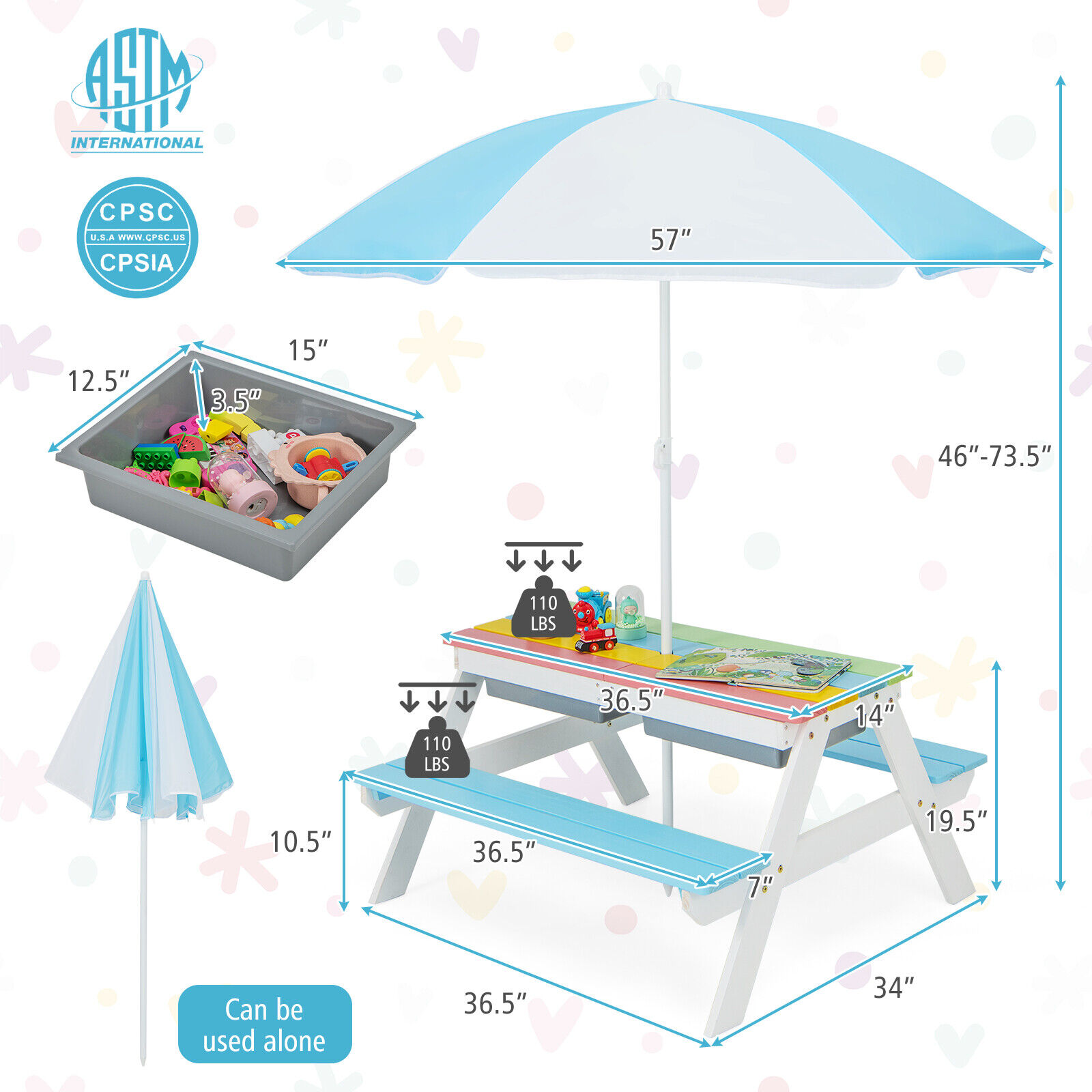 Pikniko stalas 3-in-1 (mėlyna/žalia/geltona) 3