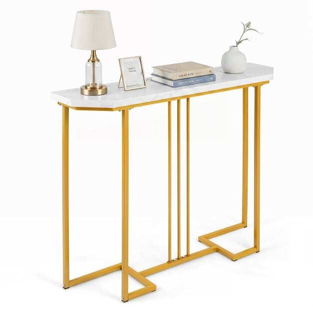 Konsolinis stalas su geometriniu metaliniu rėmu ir vandeniui bei įbrėžimams atspariu stalviršiu, baltas ir aukso spalvos, 110 × 30 × 91 cm 2