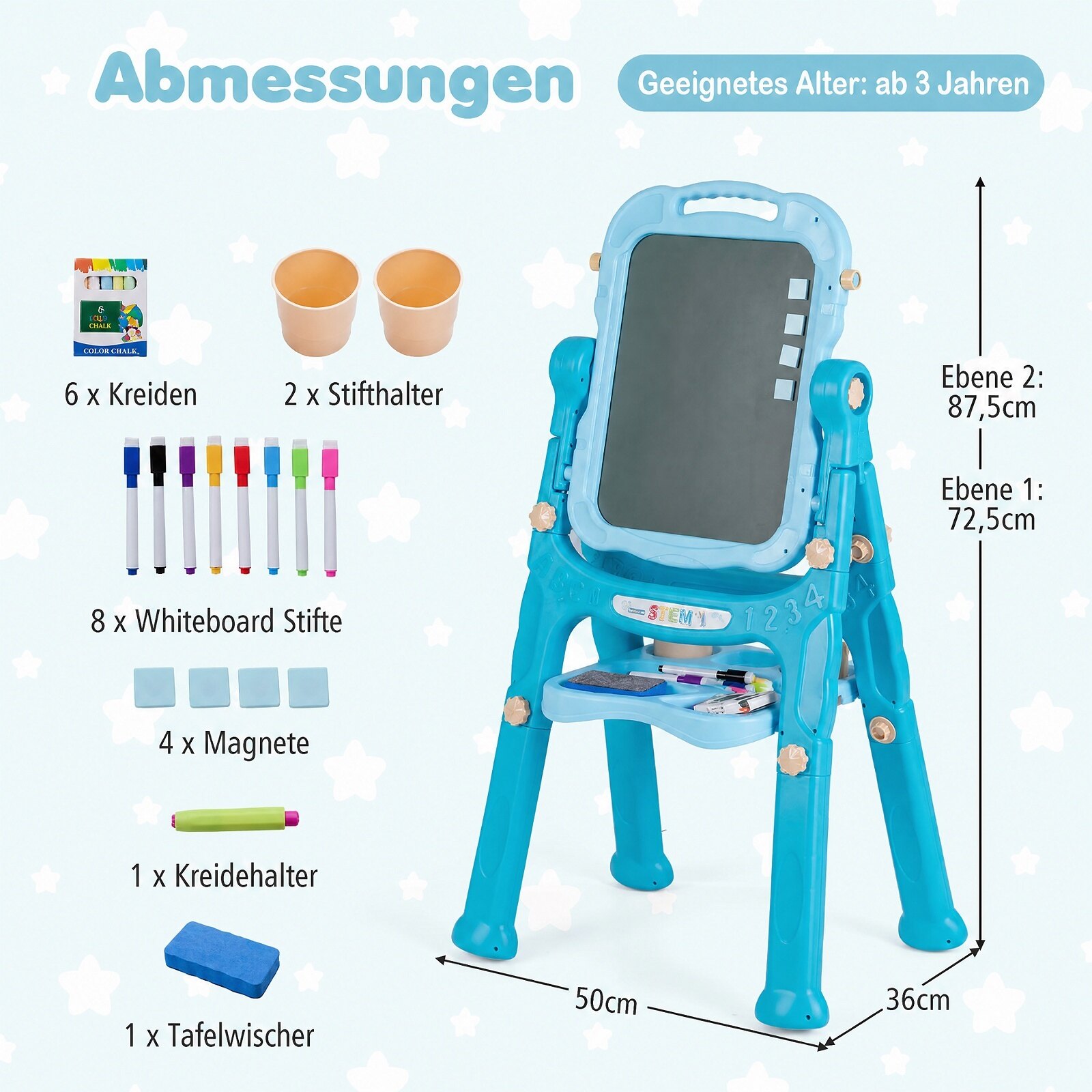 Bērnu 4 vienā zīmēšanas statīvs ar regulējamu augstumu, 50,8 × 35,6 × 72,4–87,6 cm 3