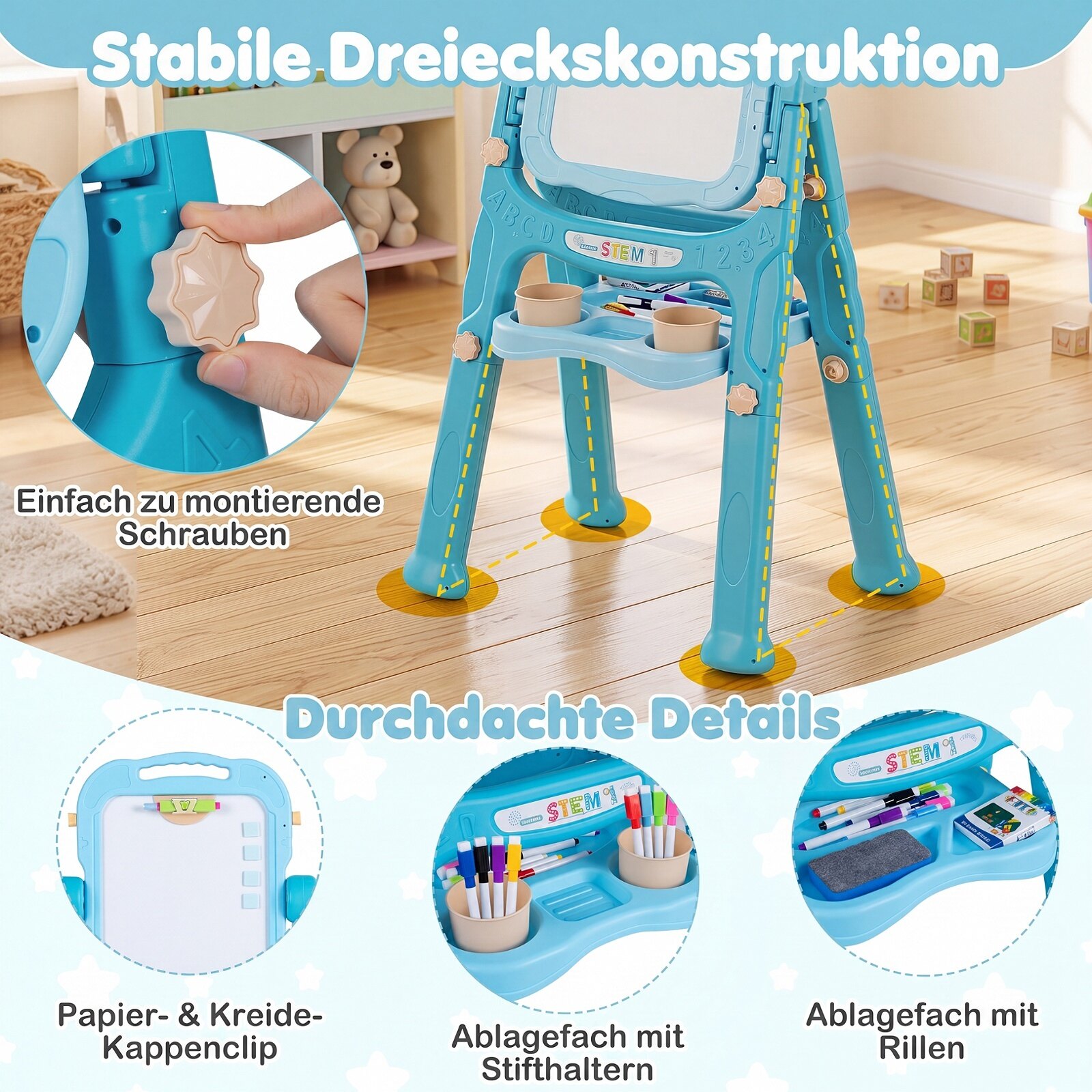 Bērnu 4 vienā zīmēšanas statīvs ar regulējamu augstumu, 50,8 × 35,6 × 72,4–87,6 cm 2