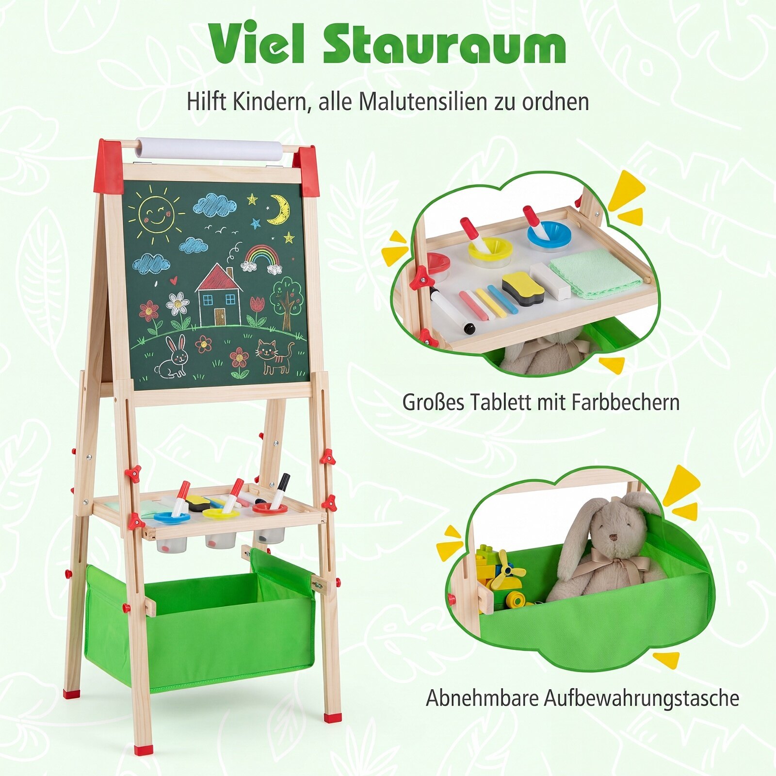 Vaikiškas piešimo molbertas, dvipusis magnetinis, reguliuojamo aukščio, natūralios medienos spalvos ir žalias, 44 x 40 x 102–126 cm