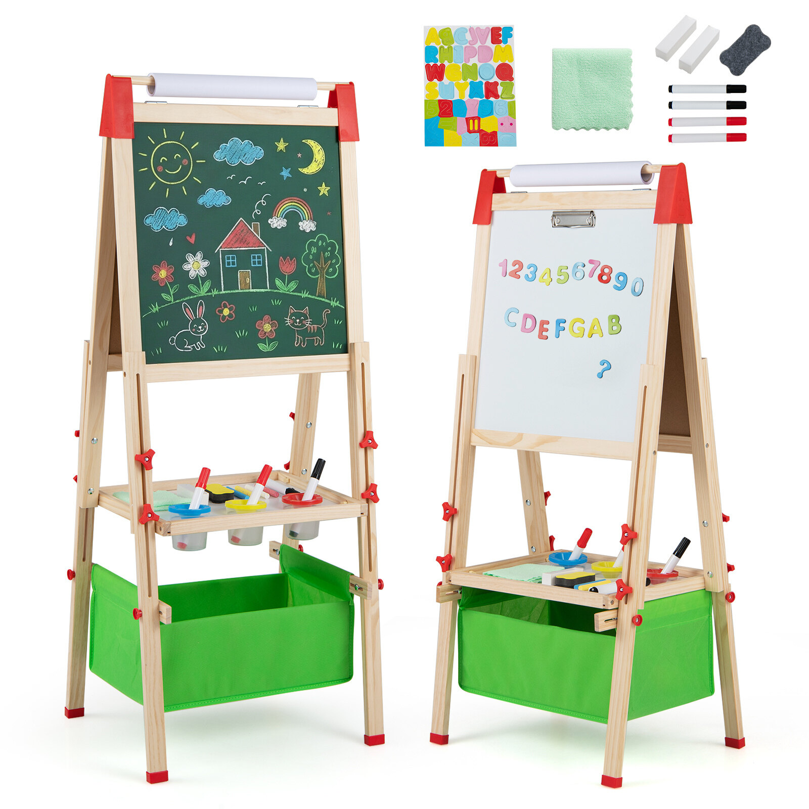 Vaikiškas piešimo molbertas, dvipusis magnetinis, reguliuojamo aukščio, natūralios medienos spalvos ir žalias, 44 x 40 x 102–126 cm