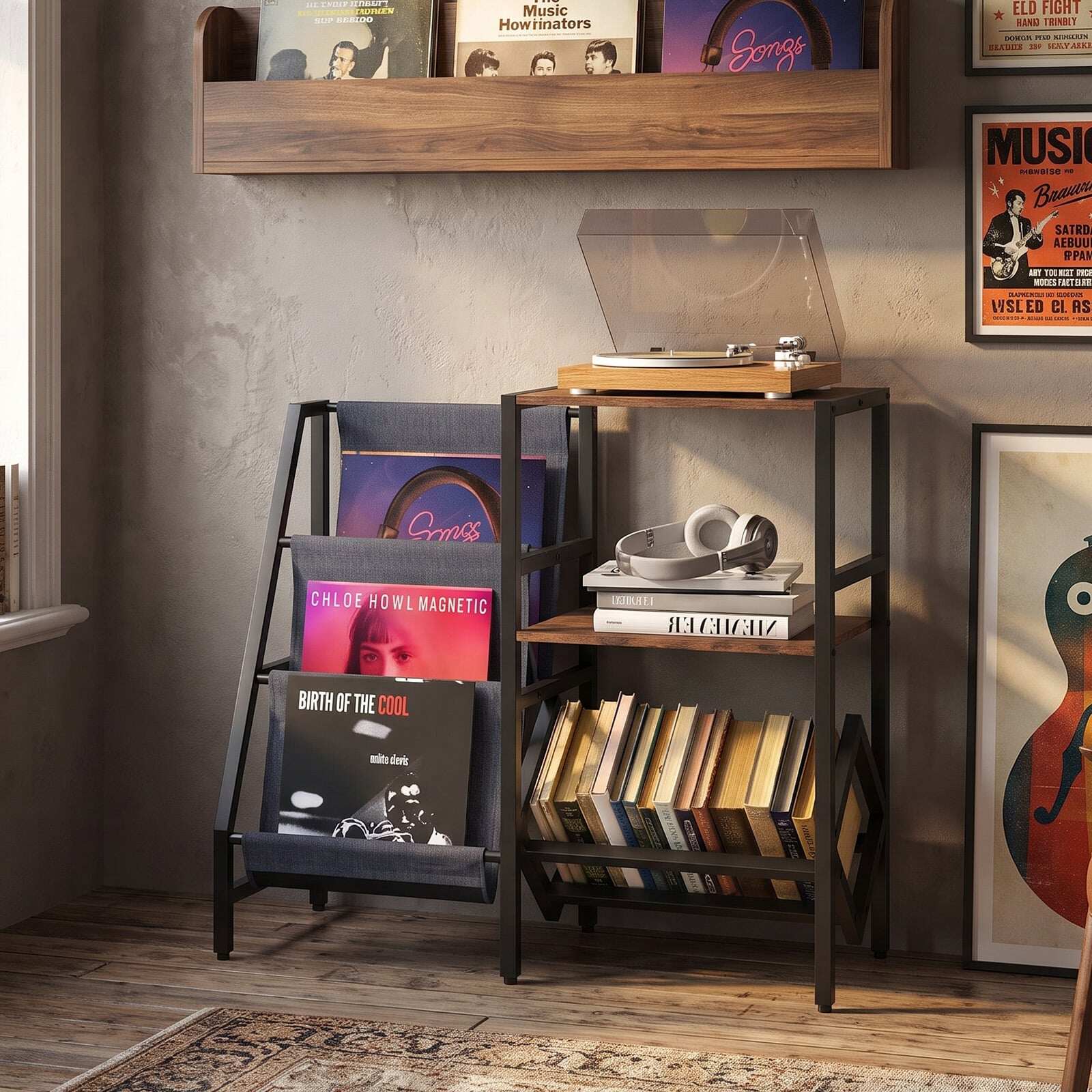 Patefono stovas su vinilinių plokštelių lentyna daugiau nei 400 albumų, juoda ir kaimiškai ruda, 82 x 30 x 75 cm 3