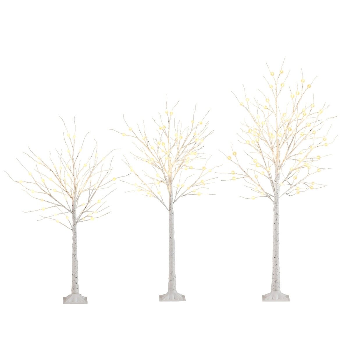 Šviečiančių dirbtinių berželių rinkinys su 216 šiltai baltų LED, baltas, 120/150/180 cm, 3 vnt.