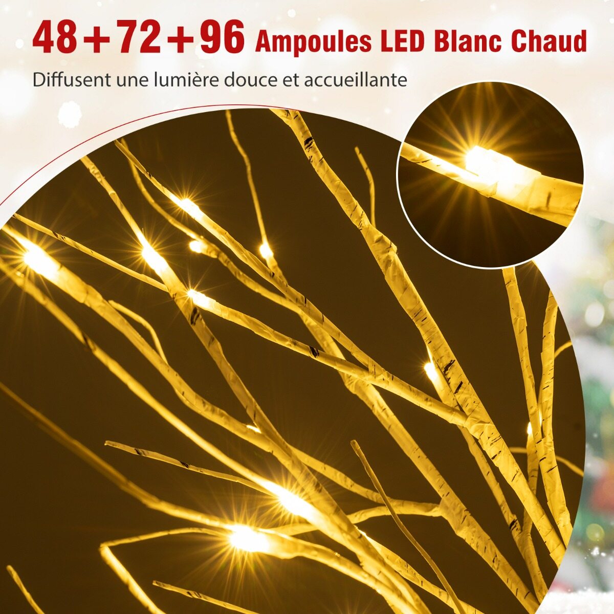 Šviečiančių dirbtinių berželių rinkinys su 216 šiltai baltų LED, baltas, 120/150/180 cm, 3 vnt. 2