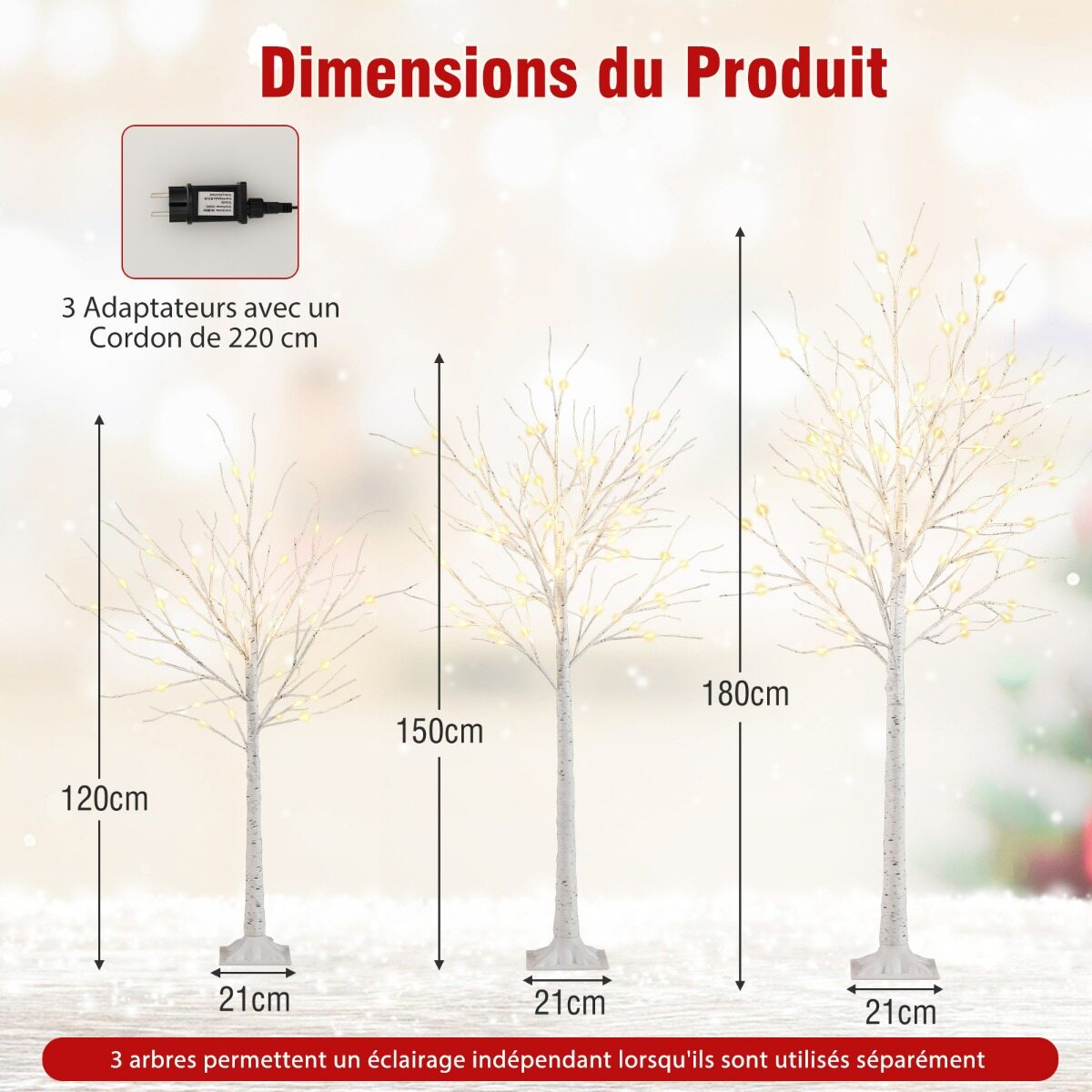 Šviečiančių dirbtinių berželių rinkinys su 216 šiltai baltų LED, baltas, 120/150/180 cm, 3 vnt. 3
