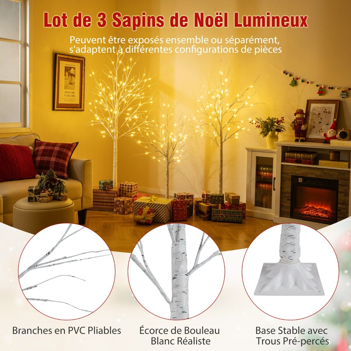 Šviečiančių dirbtinių berželių rinkinys su 216 šiltai baltų LED, baltas, 120/150/180 cm, 3 vnt.
