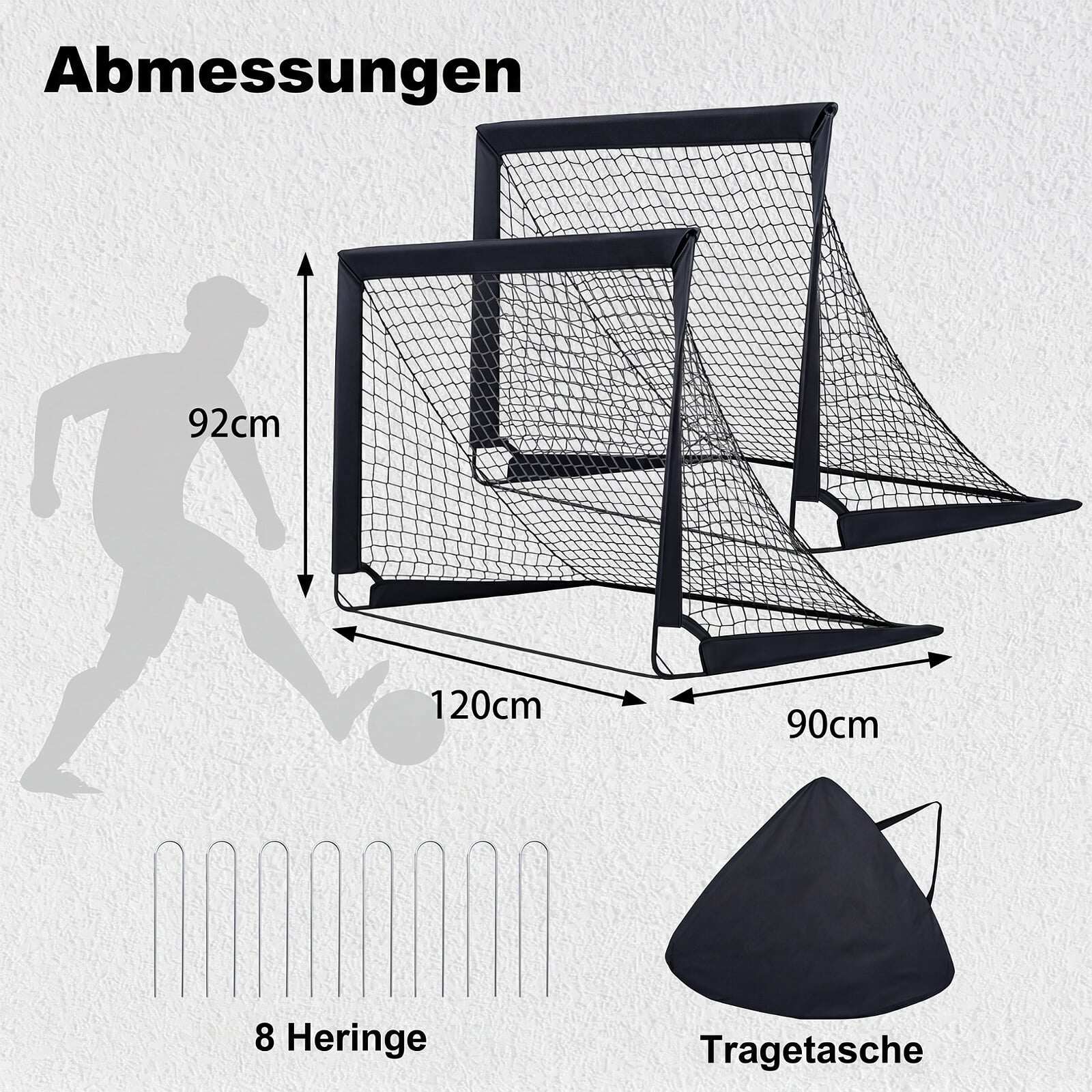 Sulankstomi futbolo vartai su nešiojimo krepšiu, juodi, 120 × 90 × 92 cm, 2 vnt.