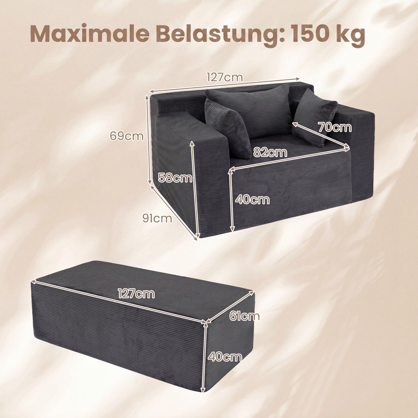 Sofa su pufu ir 3 pagalvėlėmis, pilkai balta, 127 × 91 × 69 cm 3