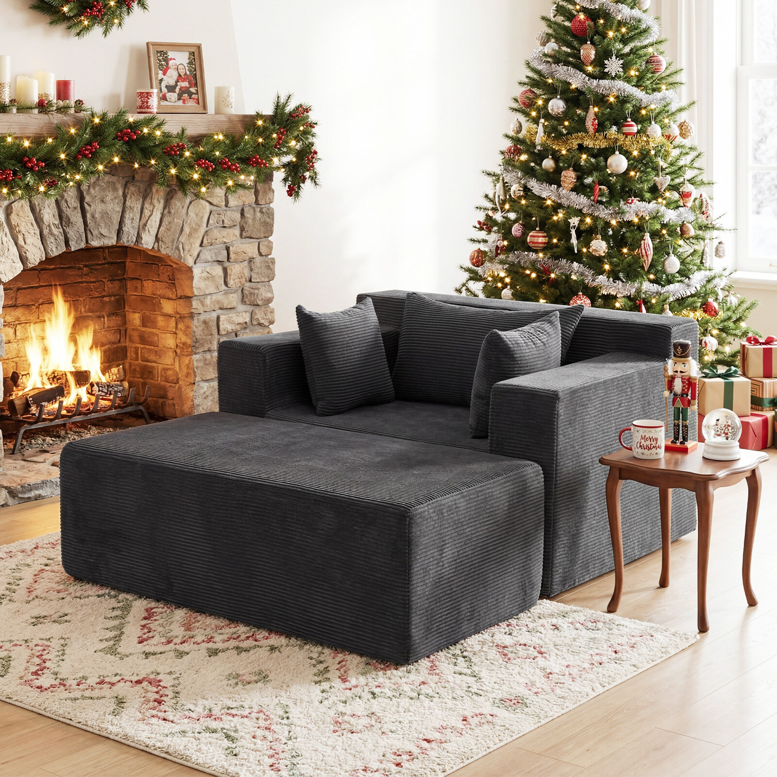 Sofa su pufu ir 3 pagalvėlėmis, pilkai balta, 127 × 91 × 69 cm