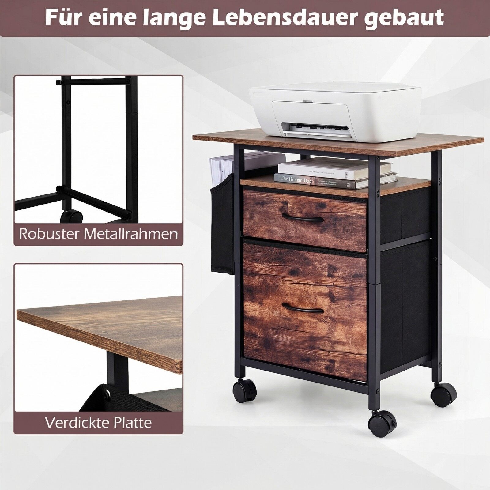Mobili dokumentų spintelė su 2 stalčiais ir fiksuojamais ratukais, ruda ir juoda, 61 x 38 x 66,5 cm 3
