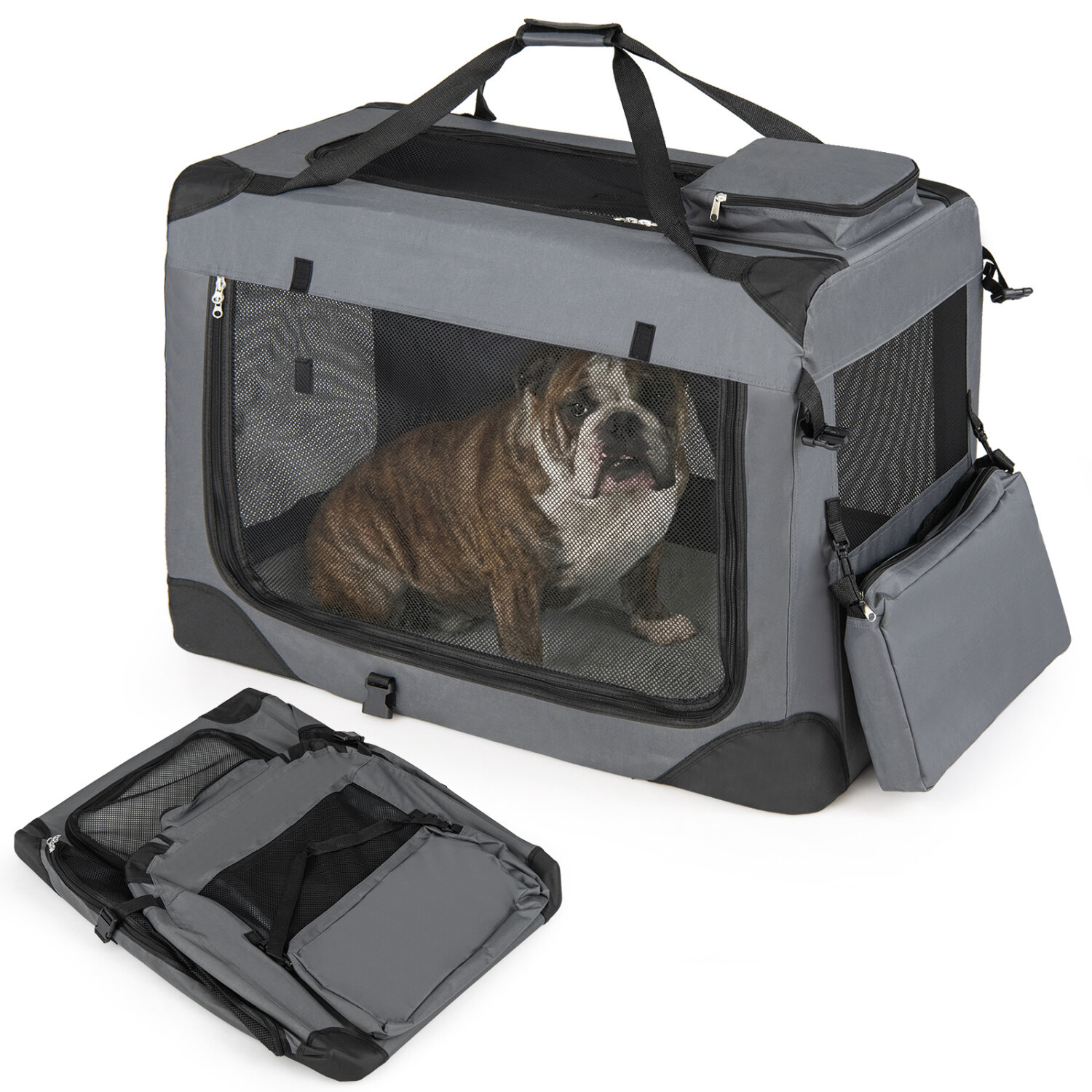 Sulankstomas minkštas transportavimo narvas su 3 durimis, pilkas, 83,8 × 58,4 × 58,4 cm