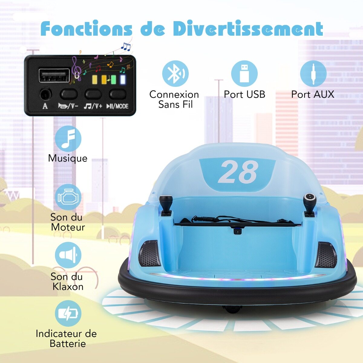 Elektrinis susidūrimo automobilis su nuotolinio valdymo pultu ir 360° apsisukimu, mėlynas, 66,5 × 64,5 × 39 cm 3